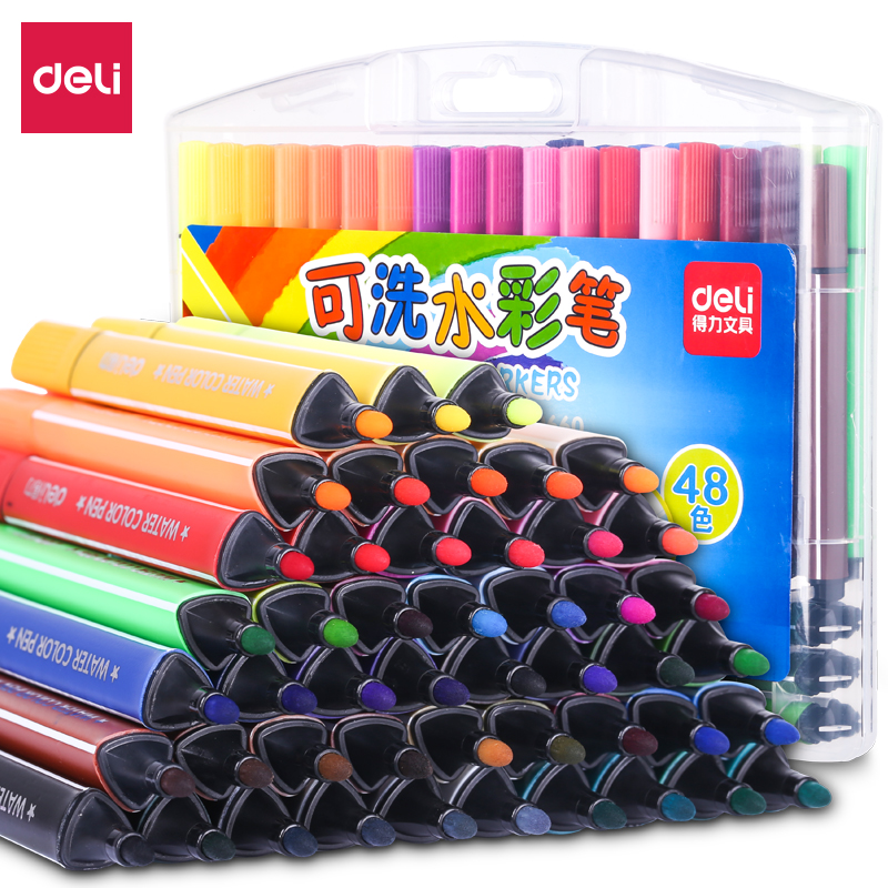 得力（deli）70660 可水洗48色水彩笔粗三角杆绘画笔 48支盒