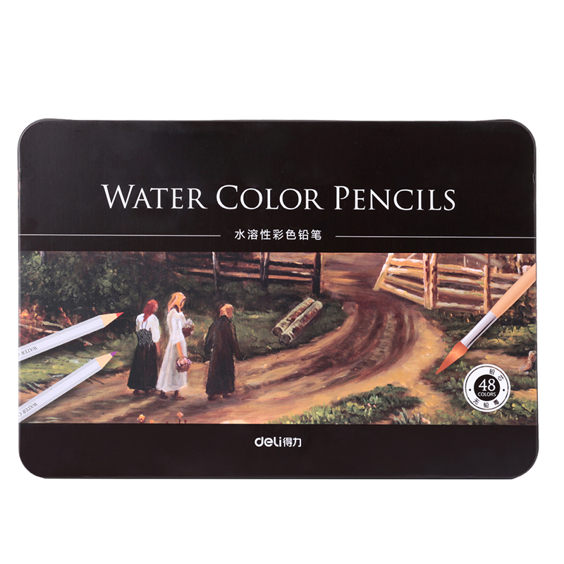 得力（deli）彩色铅笔彩盒水溶性彩色铅笔水溶性彩铅套装 6523铁盒48色