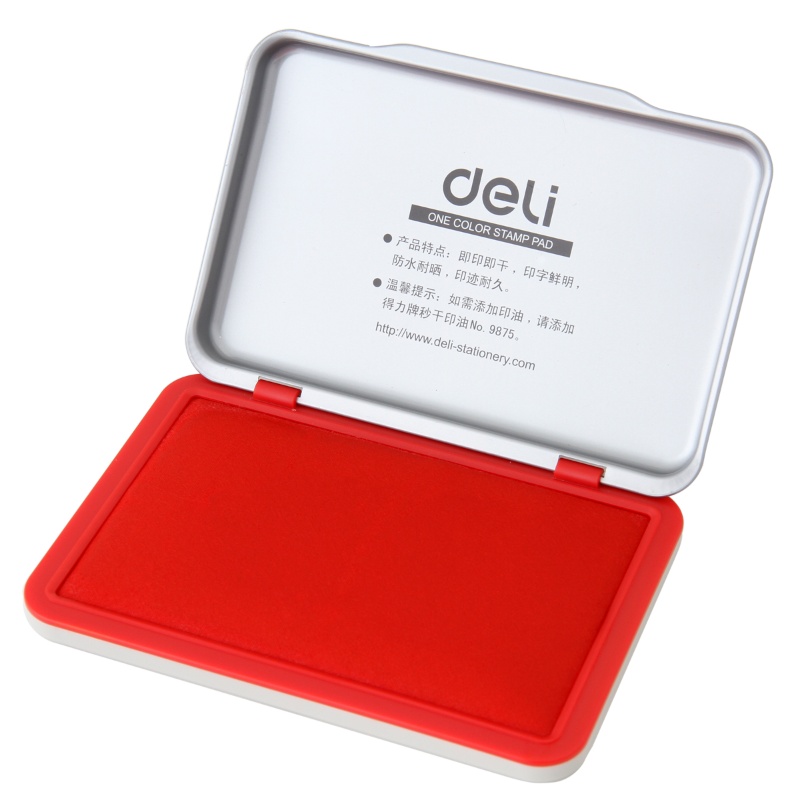 得力（deli） 9893 大号秒干印台方形金属外盒财务专用红色速干印泥办公用品 红色