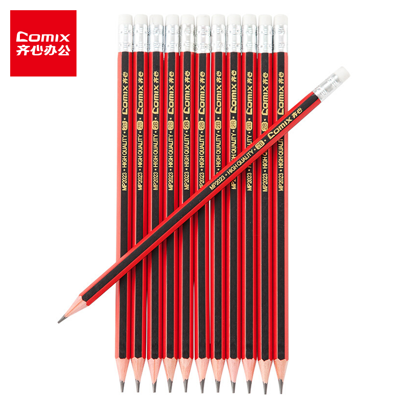 齐心（COMIX）2B原木铅笔带橡皮头六角木杆铅笔12支盒MP2023