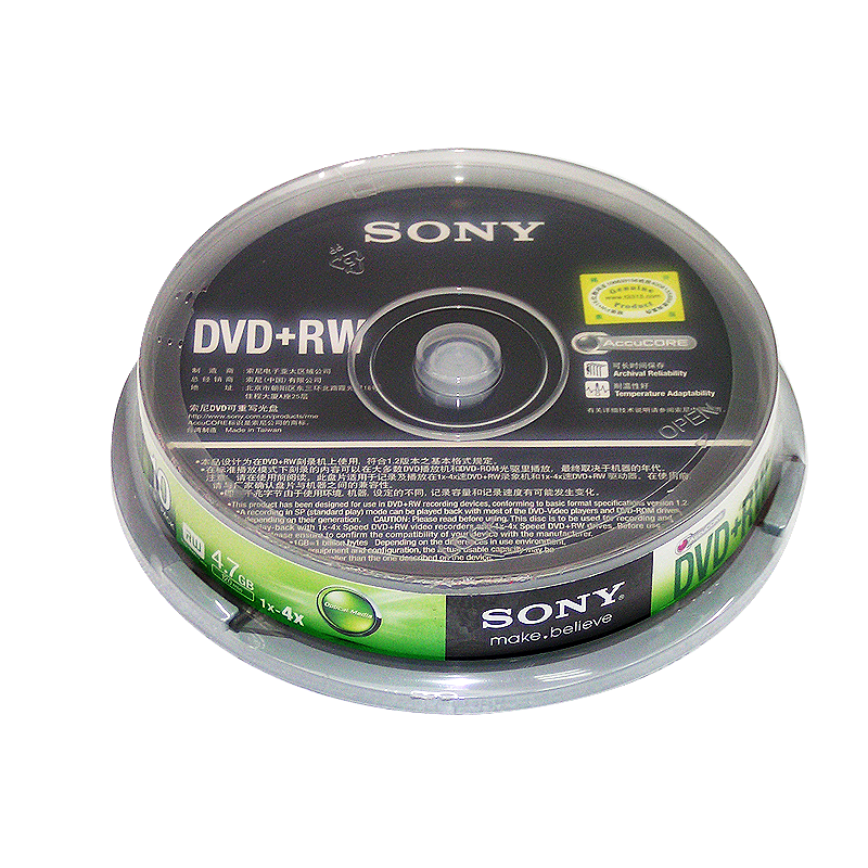 索尼（SONY）DVD+RW 4.7G 可擦写光盘/刻录盘 重复使用 4X 10片桶装