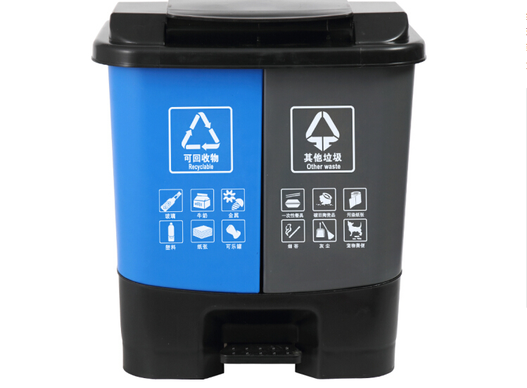 60L升户外双桶分类垃圾桶商用脚踏大号拉圾桶 蓝灰色 其他+可回收