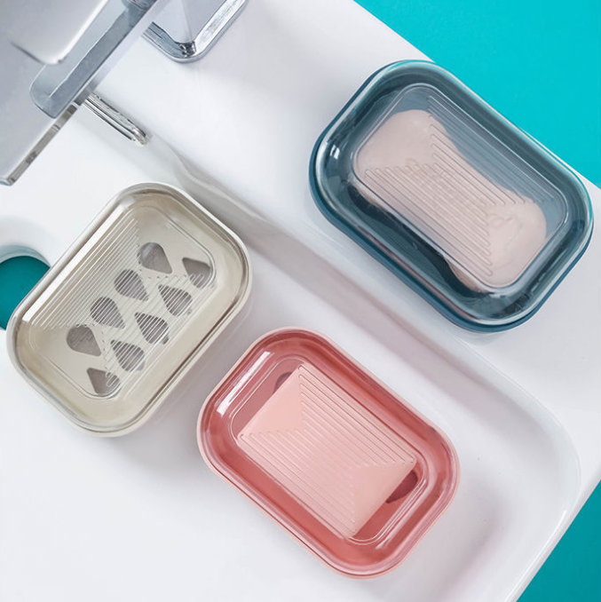 创新肥皂盒家用带盖12.8*8.8*5.5cm浴室卫生间双层沥水皂盒颜色随机（单位：个）