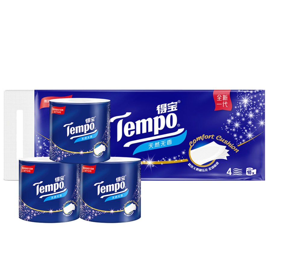 得宝(Tempo) 卷纸 4层*160g*10卷 有芯卷筒卫生纸纸巾 天然无香