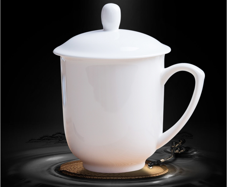 茶杯 陶瓷盖杯 带盖纯白开会杯子 商务会议办公水杯 纯白色