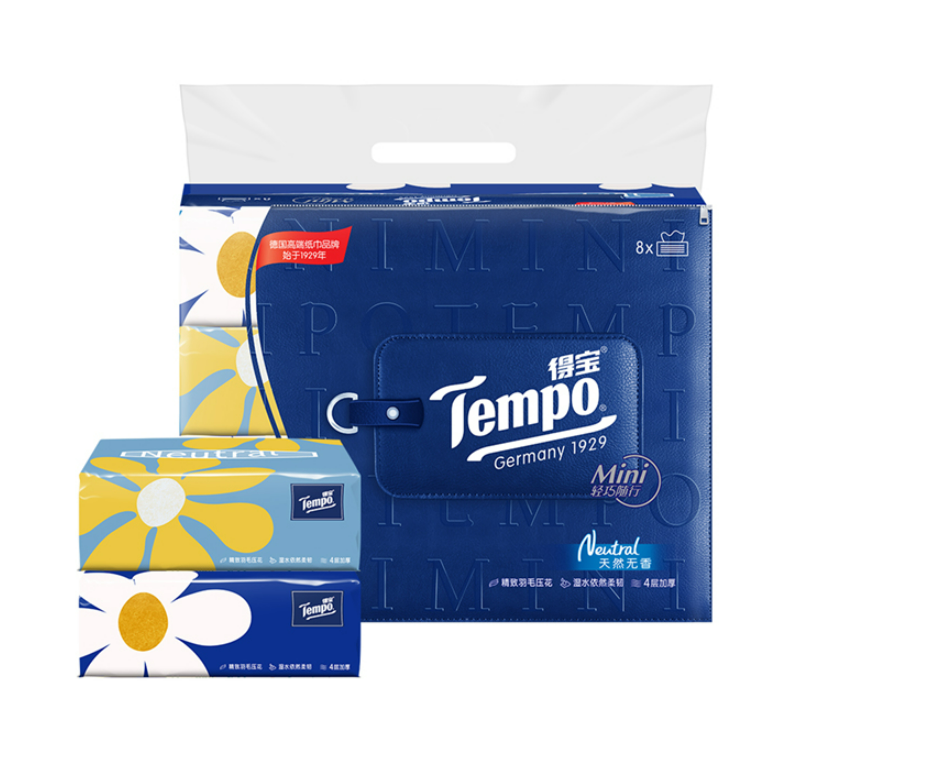 得宝(Tempo)抽纸 Mini系列8包*4层80抽 面巾纸餐巾纸巾 天然无香 新老包装交
