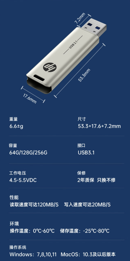 惠普（HP）128GB USB3.1 U盘 X796w
